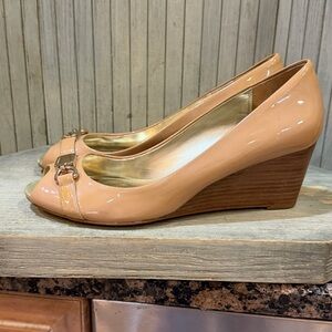 Coach Peep Toe Patent Wedge Pumps in Nude Peach 8.5B